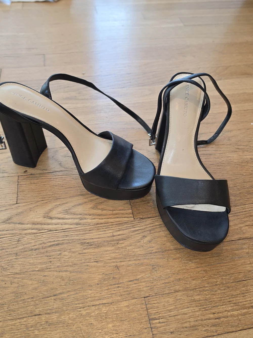 Vince Camuto Black Leather Pendry Platform Sandal Open-Strap Ankle Tie Heels